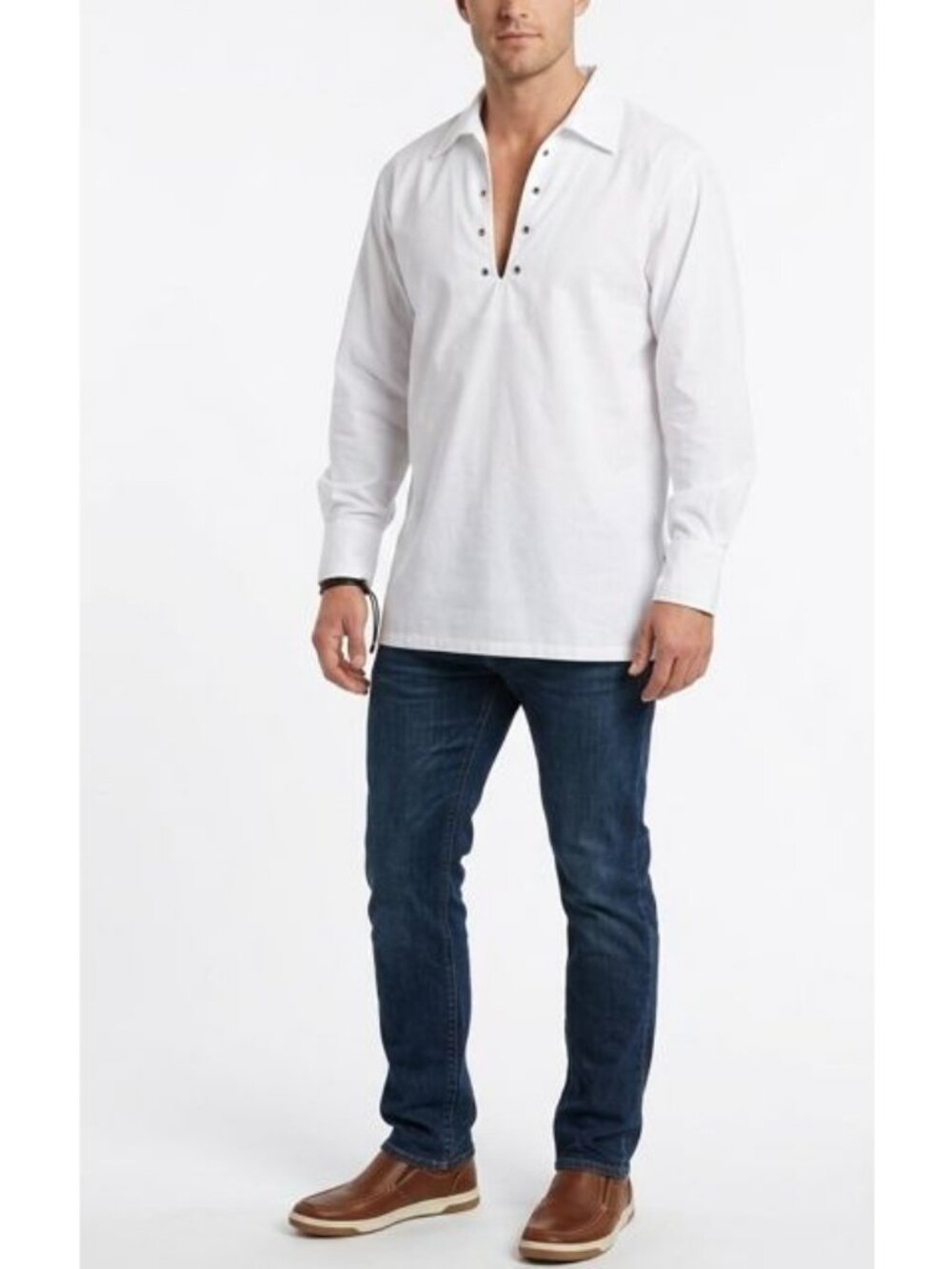 Mens White Long Sleeve Shirt Gold Button Cuffs Grommet V Neck M Minimalist Class